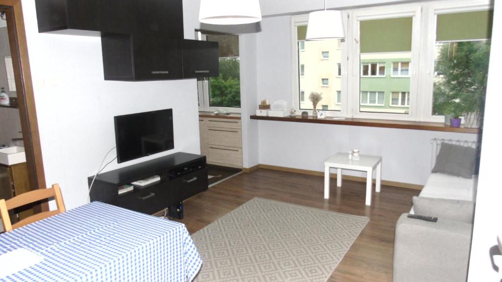 een woonkamer met een tv en een bank en een tafel bij Apartament Aleksander in Ciechocinek