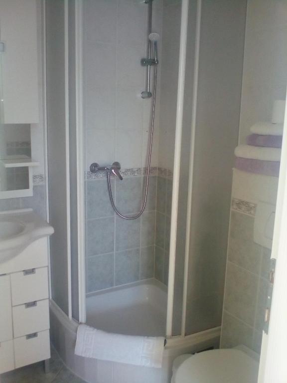 a bathroom with a shower and a toilet at Ana Rooms in Krk
