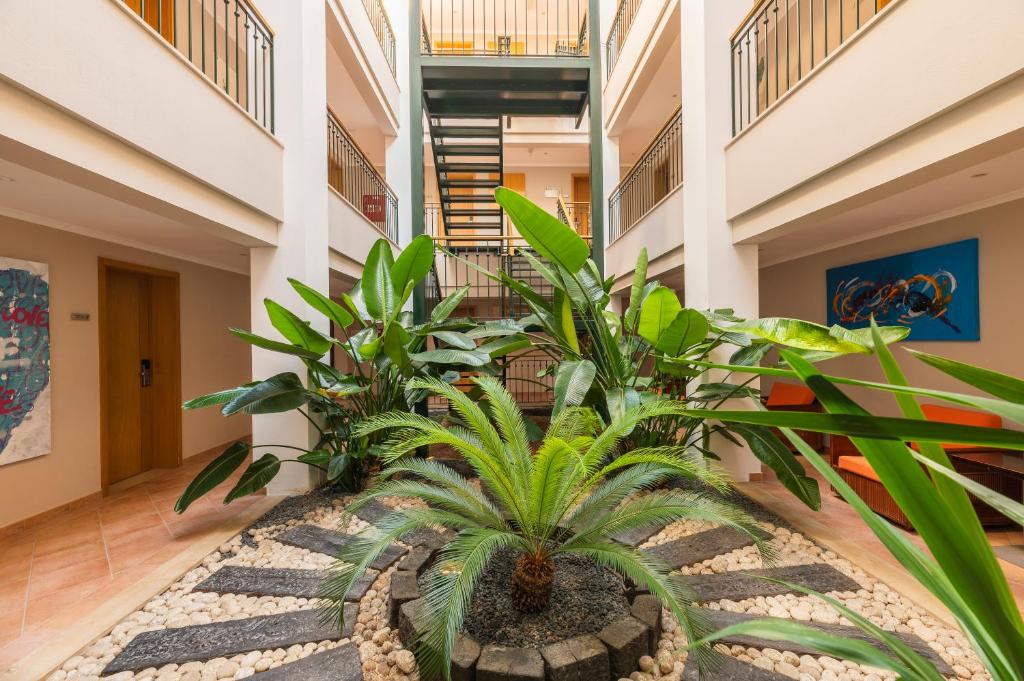 a hallway with plants in a building at Vale d'El Rei Hotel & Villas in Carvoeiro