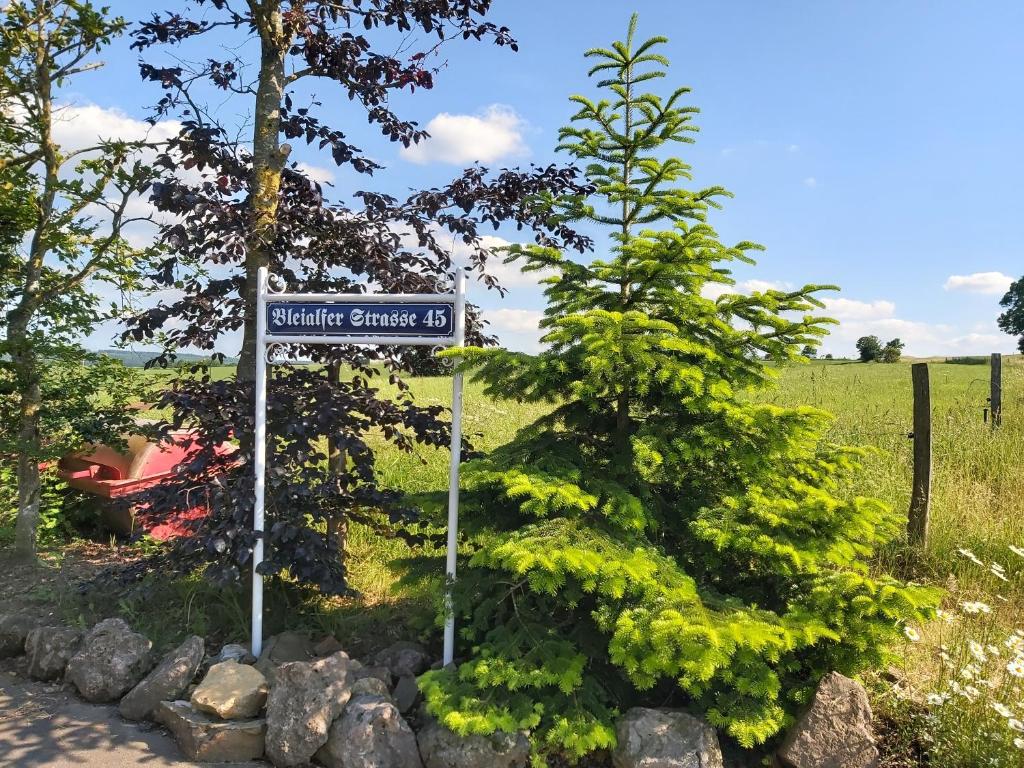 um sinal de rua em frente a uma árvore em Ferienwohnung Schneifelsicht em Auw