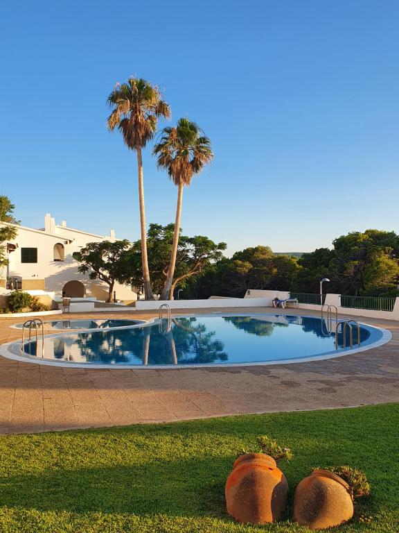 a swimming pool with palm trees in the background at Casa Pelícano in Son Parc