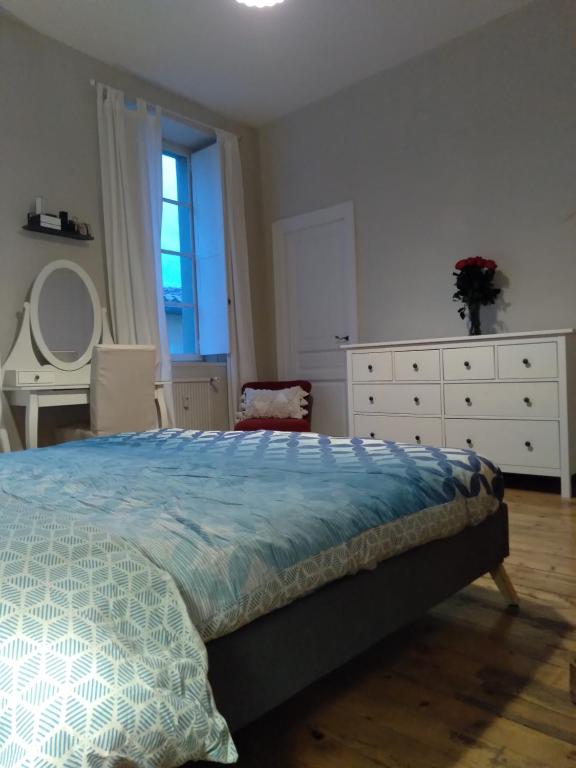 um quarto com uma cama, uma cómoda e uma janela em Appartement spacieux de 100m2 à deux pas du centre ville de Carcassonne em Carcassonne