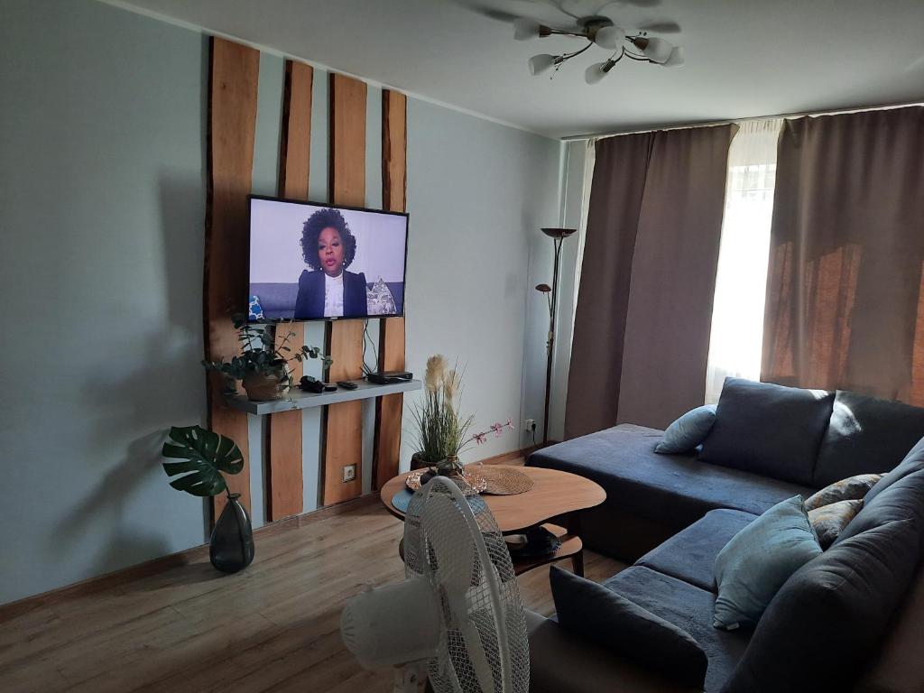 a living room with a couch and a tv at Cosy home 10 min from city center in Tallinn