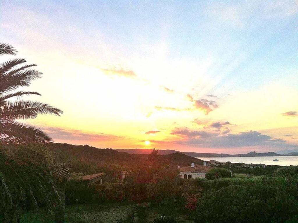 um pôr-do-sol sobre o oceano com uma casa e palmeiras em Villa Molara em Baja Sardinia