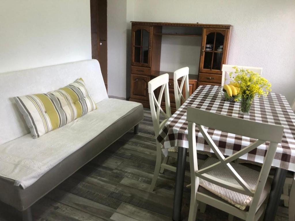 uma sala de jantar com uma mesa e cadeiras e um sofá em Apartman Bojovic em Žabljak