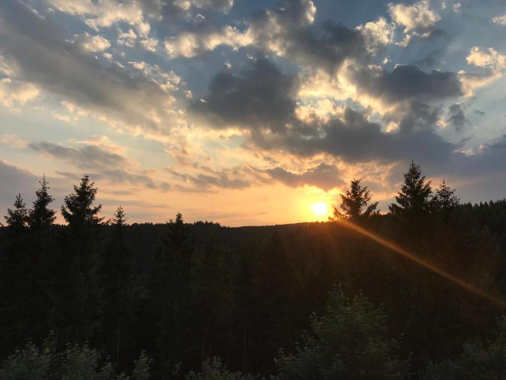 a sunset with the sun setting over a forest at Panoramic Hohegeiß App 646 mit WLan in Braunlage