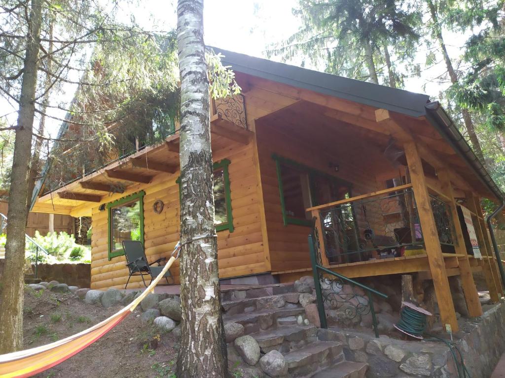 a log cabin with a hammock in front of it at Domek Moczykija in Szypliszki