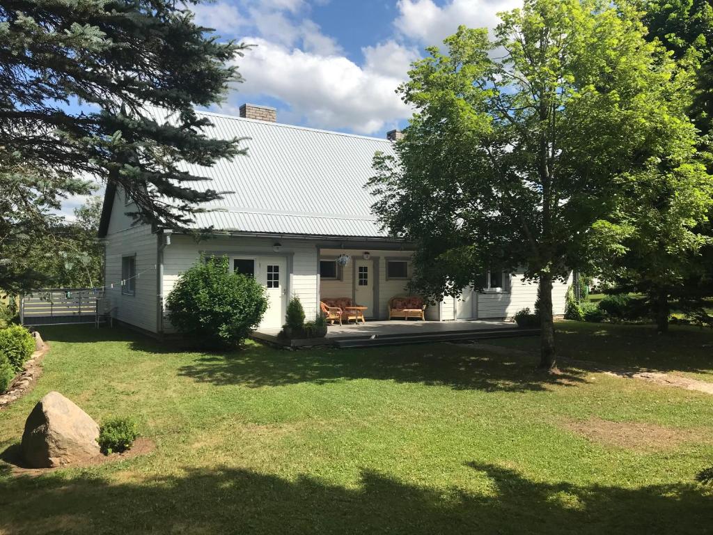 a white house with a tree in the yard at Ämmamoori Maja - Mother-in-Law's House in Palmse