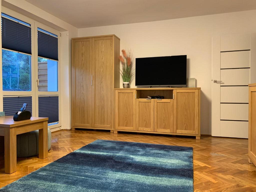 Televízia a/alebo spoločenská miestnosť v ubytovaní Apartament Basia