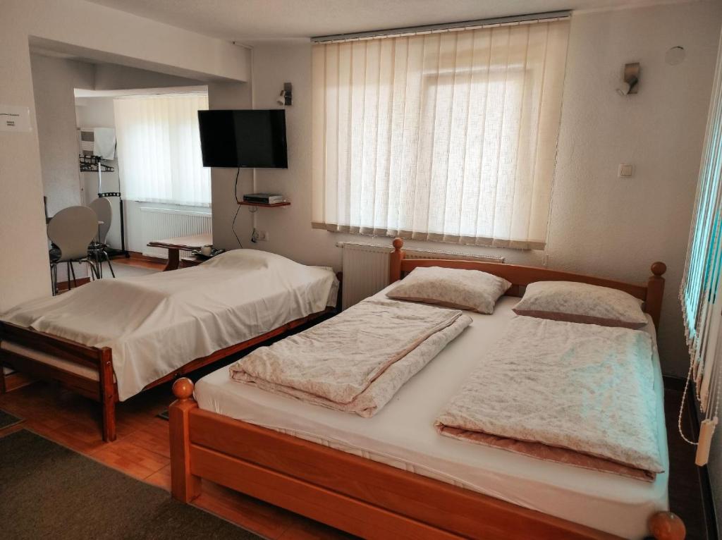 a bedroom with two beds and a television in it at Apartment Beganovic in Kulen Vakuf