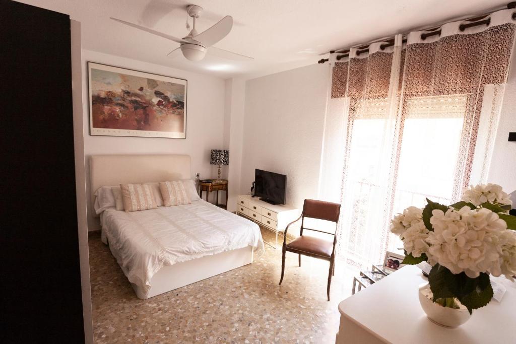 1 dormitorio con cama, mesa y TV en lola.- HABITACION DE MATRIMONIO, CON BAÑO PRIVADO, en Granada