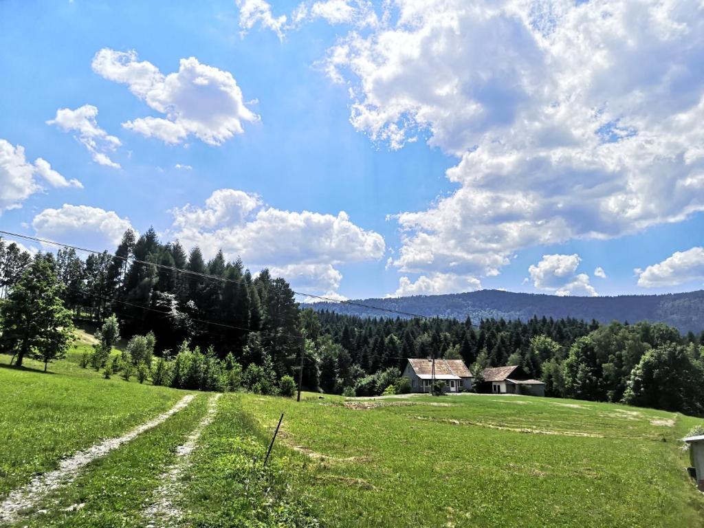 a field with a house in the middle of a field at Siedlisko Podjaworzem in Grybów