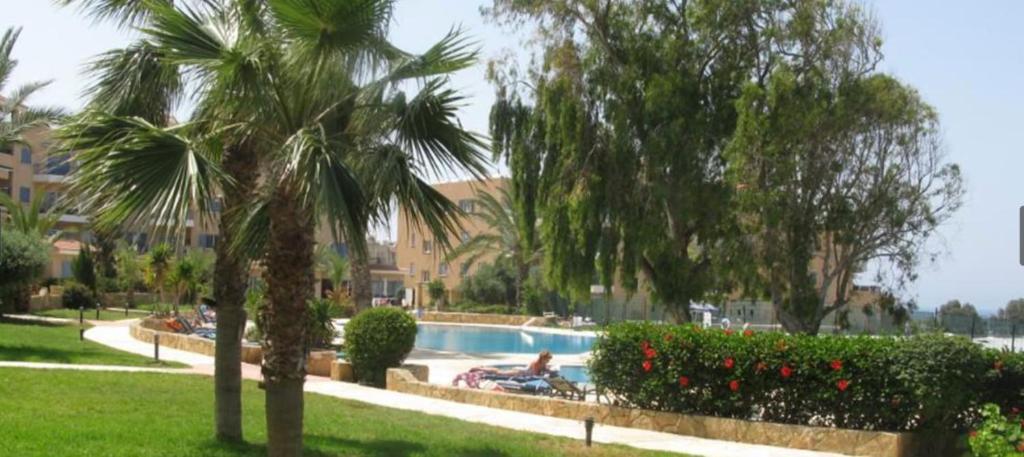 una piscina en un complejo con palmeras en King's Palace - very spacious 1 bed apartment en Paphos