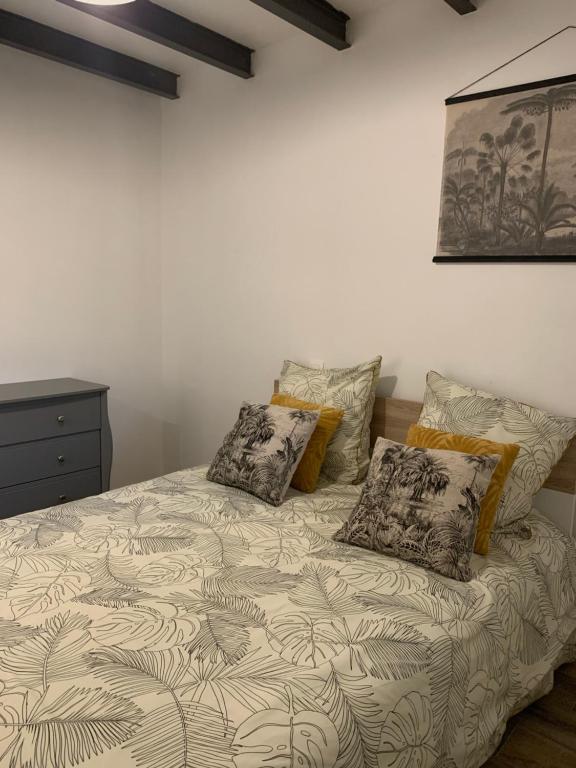 een slaapkamer met een bed met 2 kussens bij Jolie appartement centre ville in Pégomas