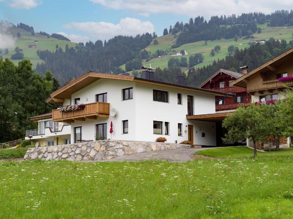 une maison dans les montagnes avec un champ verdoyant dans l'établissement Appartement Kirchner, à Brixen im Thale