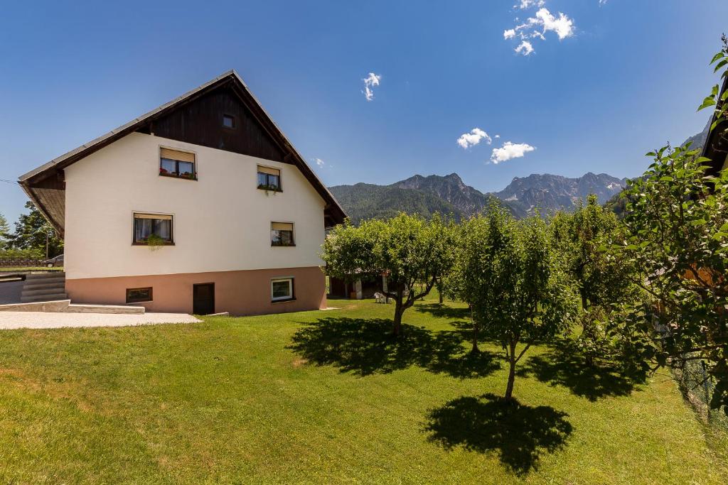 a large white house with trees and mountains in the background at Apartmaji Trstenjak in Rateče