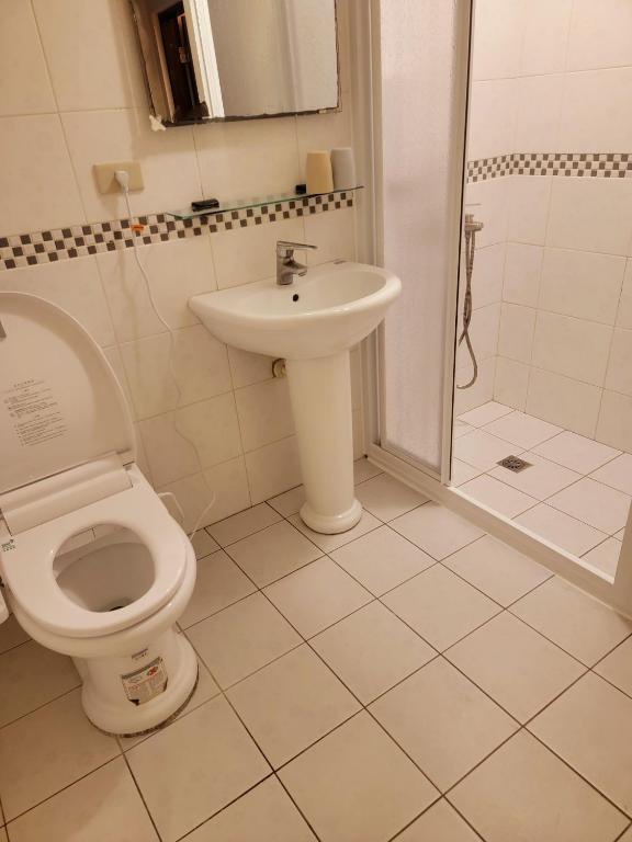 a bathroom with a toilet and a sink at 草莓牛奶台東民宿可洽包棟 in Taitung City