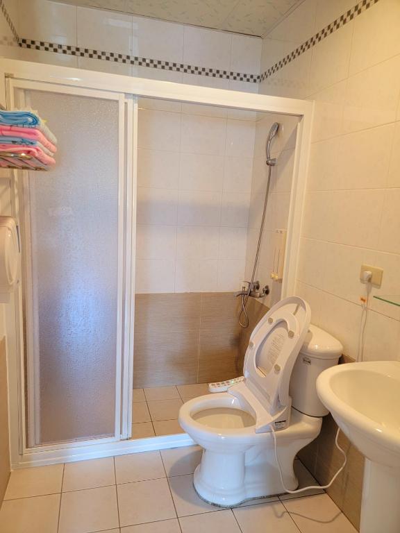 a bathroom with a shower and a toilet and a sink at 草莓牛奶台東民宿可洽包棟 in Taitung City