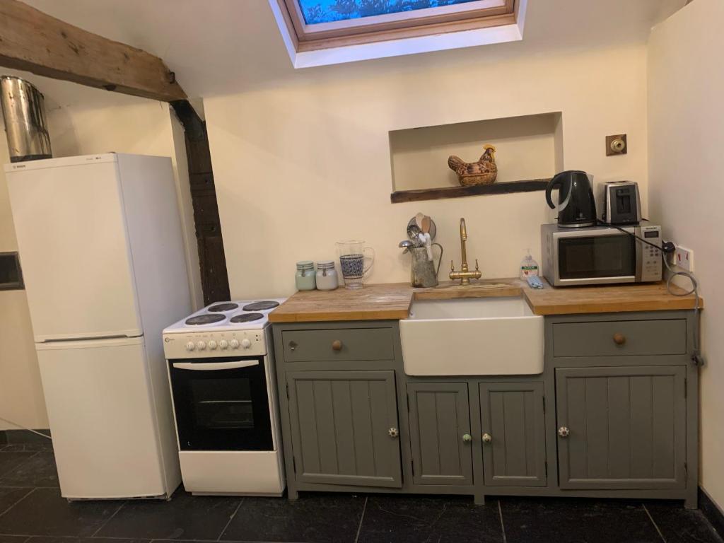 a kitchen with a white refrigerator and a sink at Beautiful 1-Bed House in Gloucestershire in Westbury on Severn