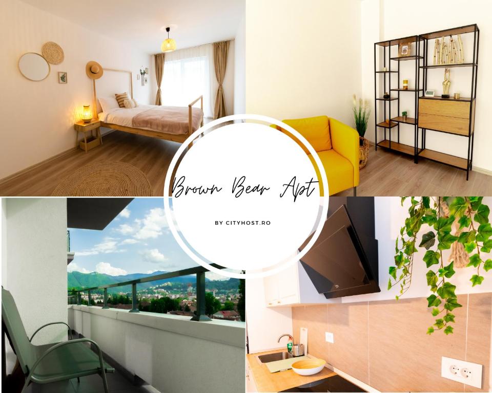 un insieme di foto di una camera con vista di Brown Bear Apt. BOHO Style Bedroom w/ City View & free Parking a Braşov