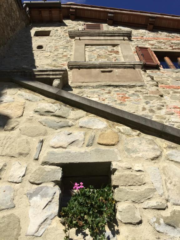un edificio con una ventana con una flor. en Castello di Urbech en Pratovecchio