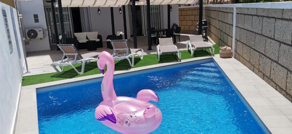 un flamenco rosa inflable en la piscina en Villa Orquídea, en Callao Salvaje