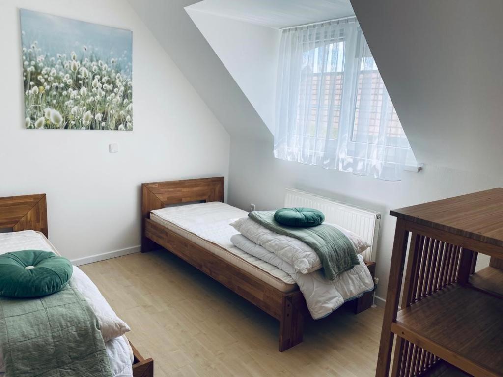 a bedroom with two beds and a window at Ferienwohnung im Romantikhof in Breitenbrunn