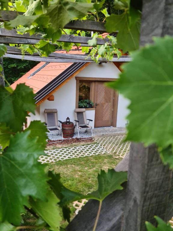 a view of a house through the leaves of trees at Zidanica Žagar in Dolenjske Toplice