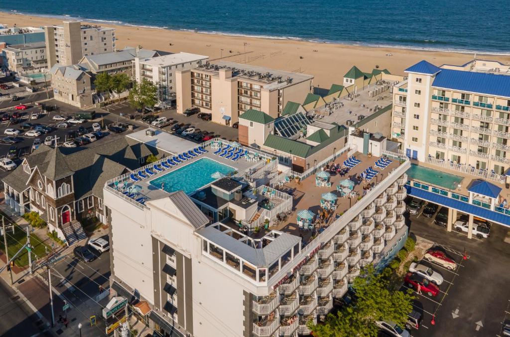 an aerial view of a city with a beach and buildings at Hotel Monte Carlo Ocean City in Ocean City