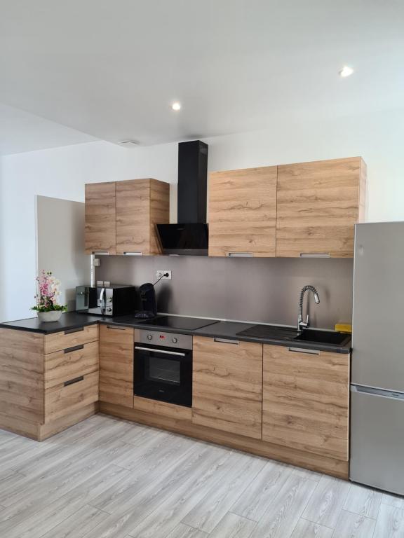 cocina con armarios de madera y nevera de acero inoxidable en Vierzon superbe appartement, en Vierzon