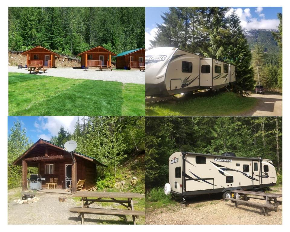 un collage de cuatro fotos de un camping con una tienda y un remolque en Noah's Ark Campground, en Revelstoke