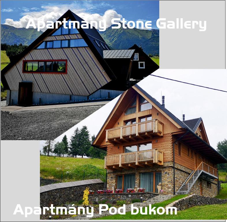ein Haus mit einem Gamer-Dach und einem Gebäude mit einem Balkon in der Unterkunft STONEGALLERY in Ždiar