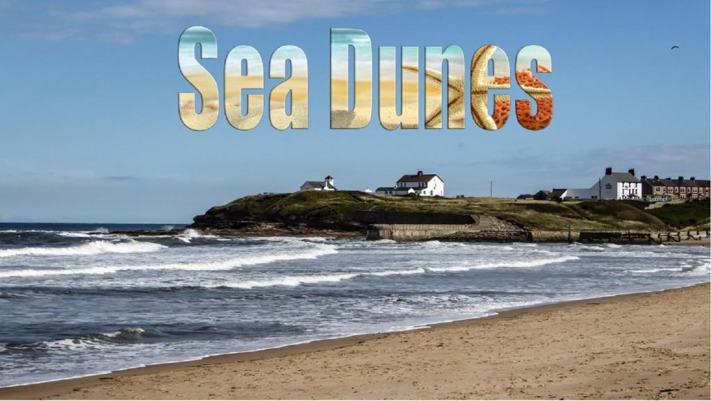 een strand met het woord zee verenigd erop geschreven bij Sea Dunes - Fantastic North Sea Views on your door step. in Whitley Bay