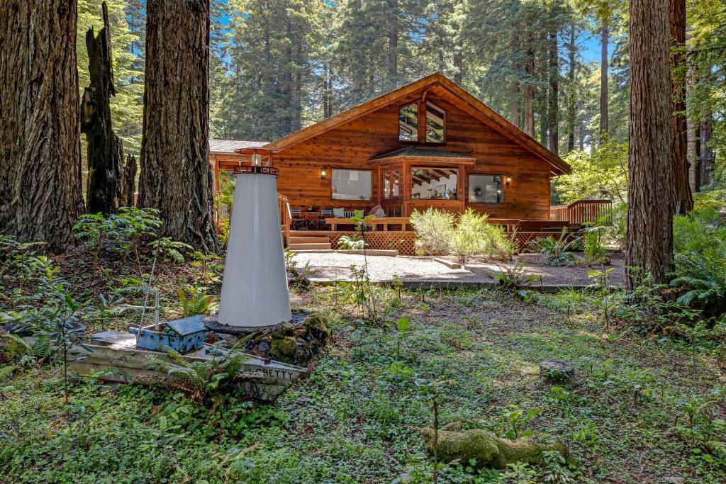 a log cabin in the woods with a stove at Family Getaway - Hot Tub Fire Pit & Dog Friendly in Mendocino
