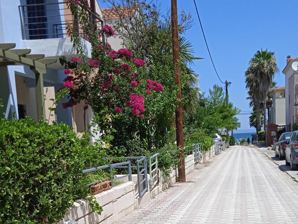 ulica z kwiatami na boku budynku w obiekcie Seashell apartment w mieście Pefkochori