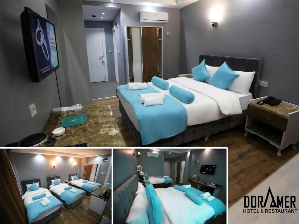 Grand Atakum Boutıque Hotel في Mahmutlu: غرفة فندقية بسريرين وتلفزيون