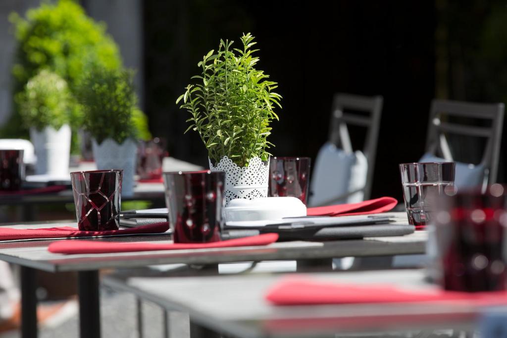 a table with red napkins and a potted plant on it at Hôtel de la Cigogne in Geneva