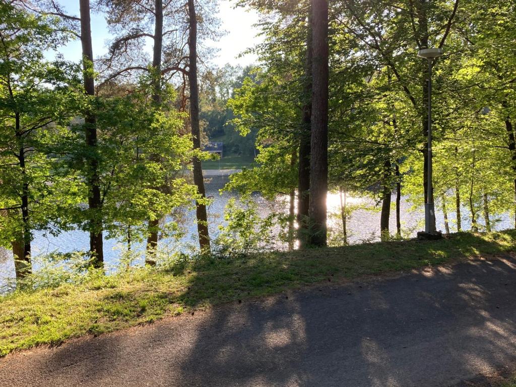 een pad naast een waterlichaam met bomen bij Domaine du Lac in Soursac