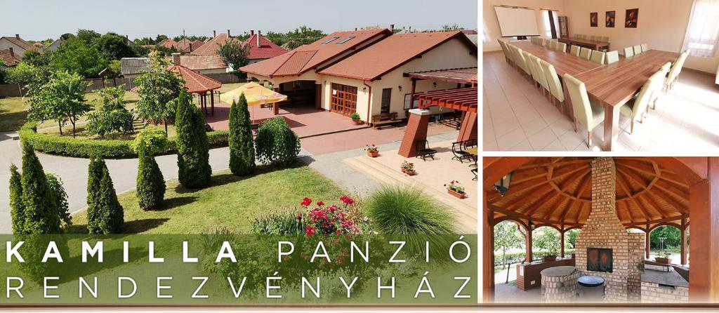 a collage of four pictures of a house at Kamilla Panzió és Rendezvényház in Balmazújváros