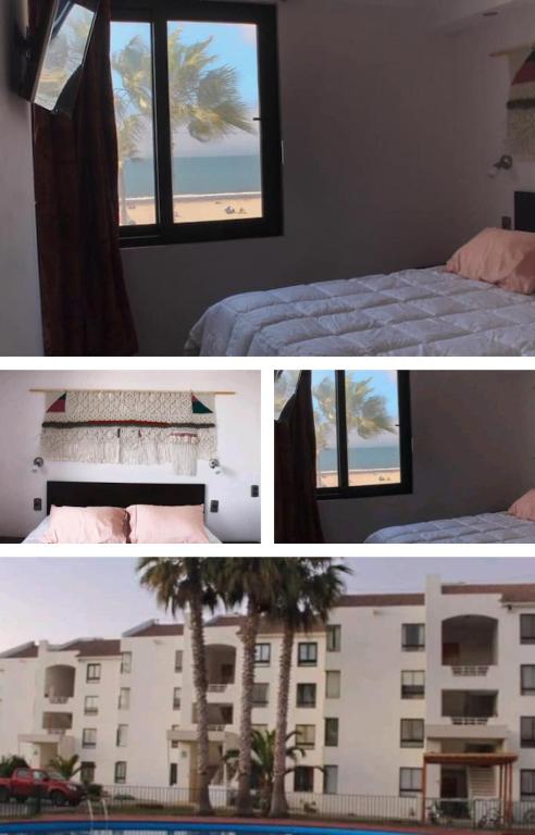 a collage of pictures of a bedroom with a window at Departamento frente al mar 3 habitaciones 2 baños in Coquimbo