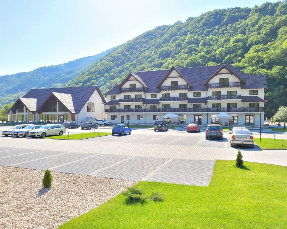 un grand bâtiment avec des voitures garées dans un parking dans l'établissement Nedei Hotel&Spa Transalpina, à Martinie