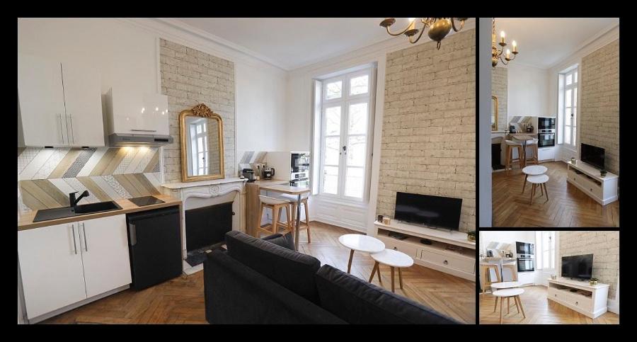 two pictures of a kitchen and a living room at Appartement cosy proche gare in Angers