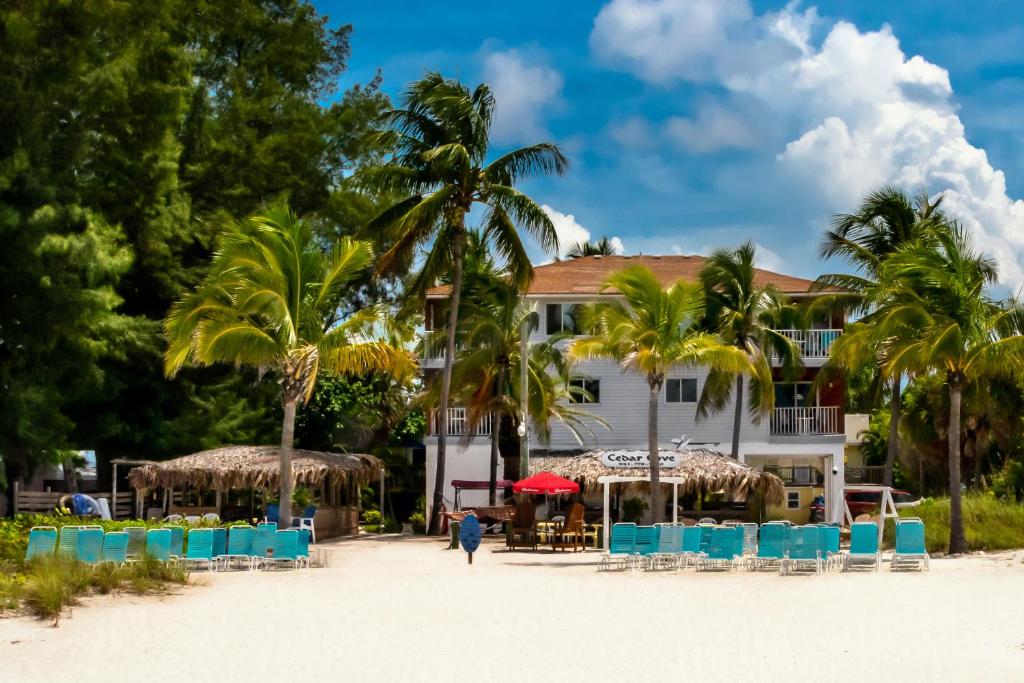 a beach with palm trees and palm trees at Cedar Cove Resort & Cottages in Holmes Beach