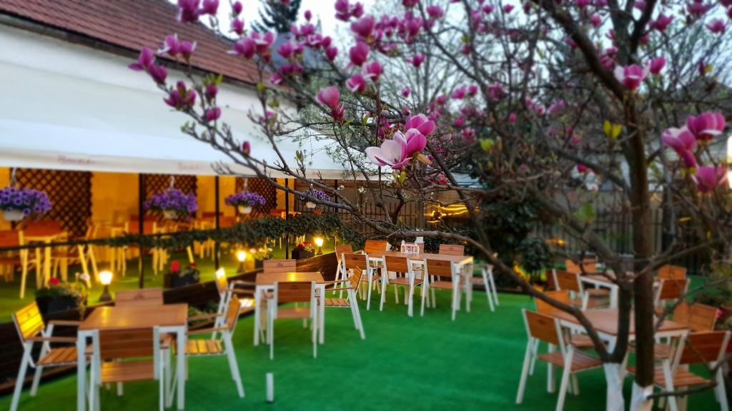 um grupo de mesas e cadeiras num jardim com flores cor-de-rosa em Casa Andreea em Braşov