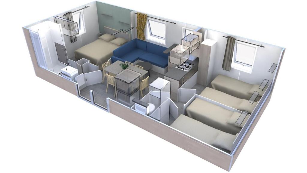 een weergave van een plattegrond van een huis bij Mobil home 2020 3ch + clim , équipé 4* , vendée in Talmont