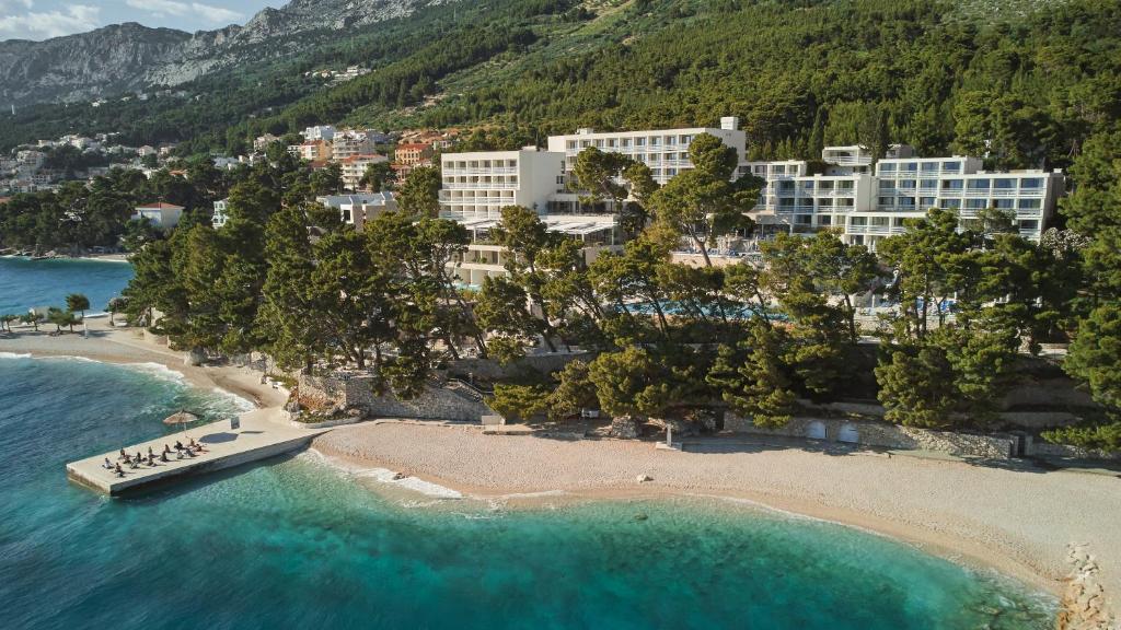 - une vue aérienne sur une plage avec un bateau dans l'eau dans l'établissement Bluesun hotel Berulia, à Brela