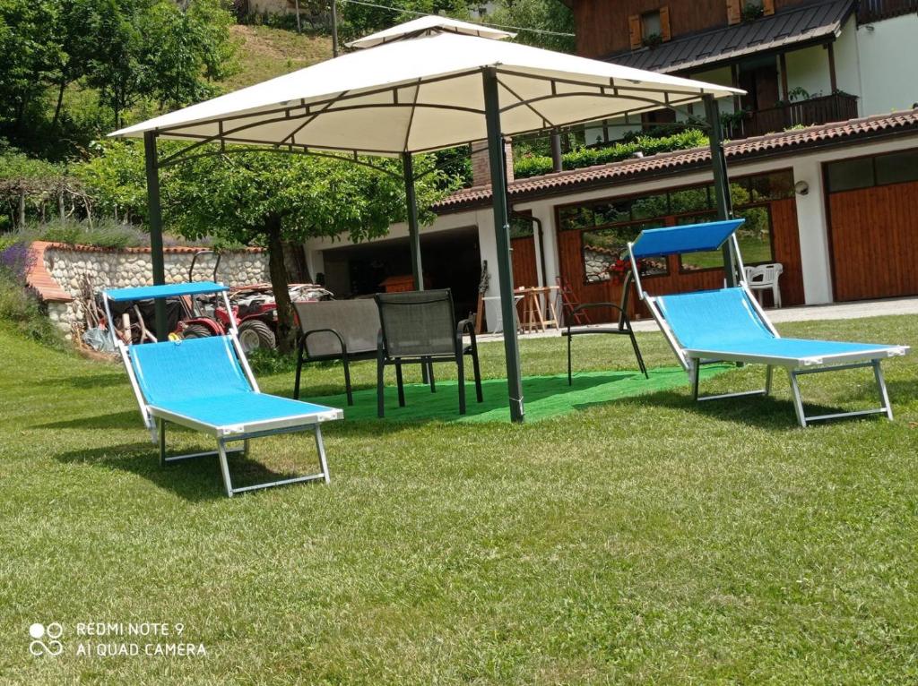 zwei blaue Stühle und ein Regenschirm im Gras in der Unterkunft Chalet del Laghetto in Chiusa di Pesio