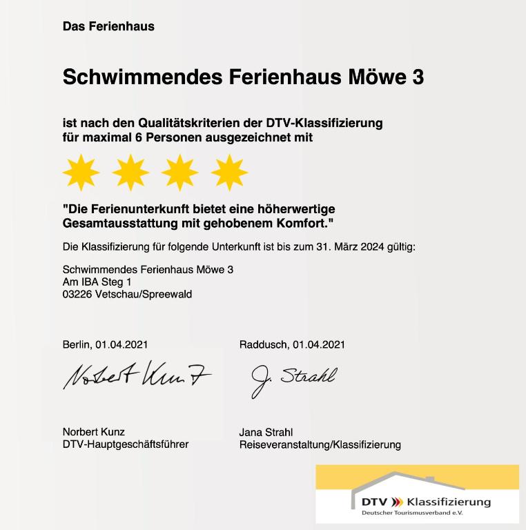 Certifikát, hodnocení, plakát nebo jiný dokument vystavený v ubytování die Möwen