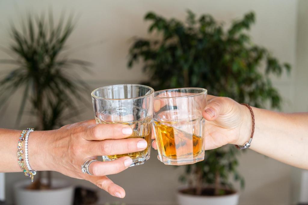 two people holding up glasses of whiskey at Gu Hotel in Guidonia