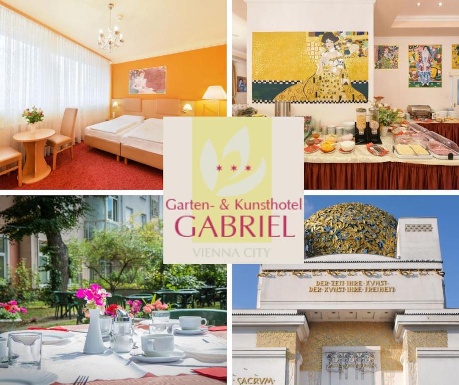 un collage de fotos con una habitación de hotel y una mesa con comida en Garten- und Kunsthotel Gabriel City, en Viena